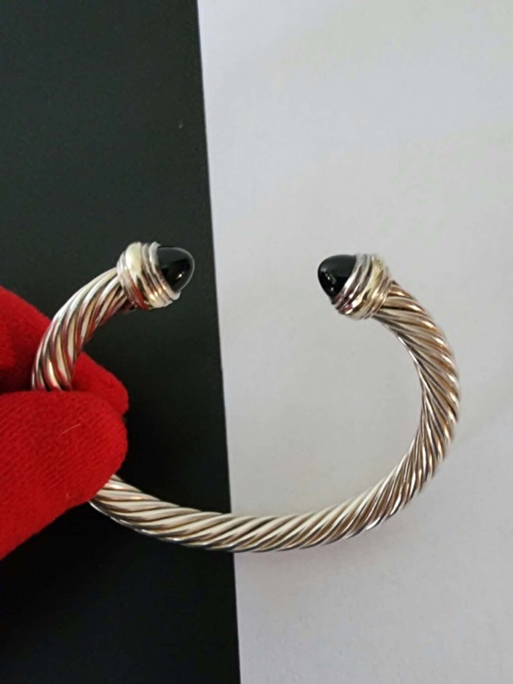 David Yurman Classic Cable 5mm Bracelet Sterling Silver 14K Gold Black Onyx M